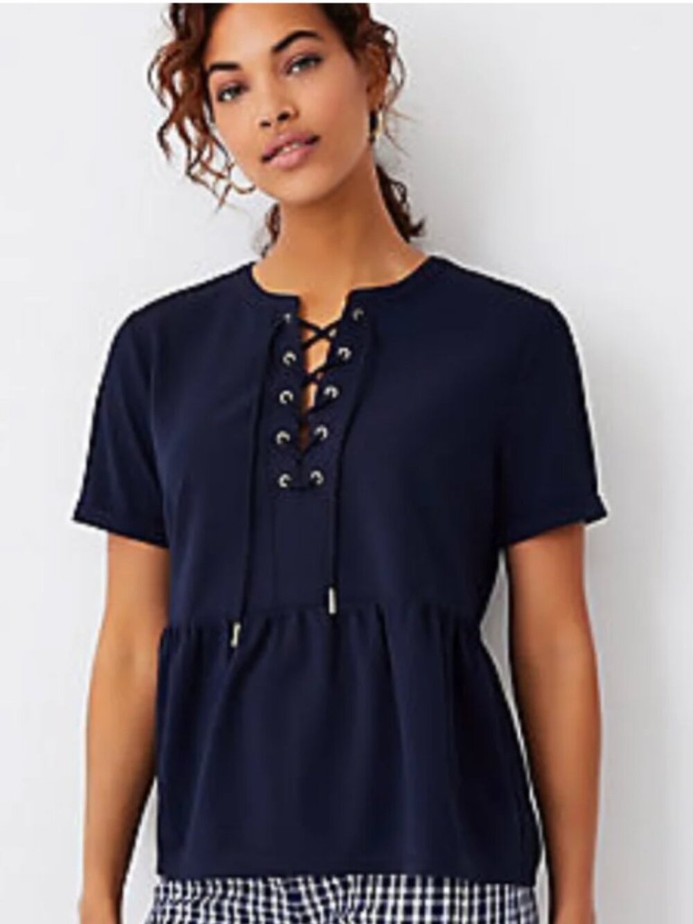 Ann Taylor Lace Tie Navy Peplum Top